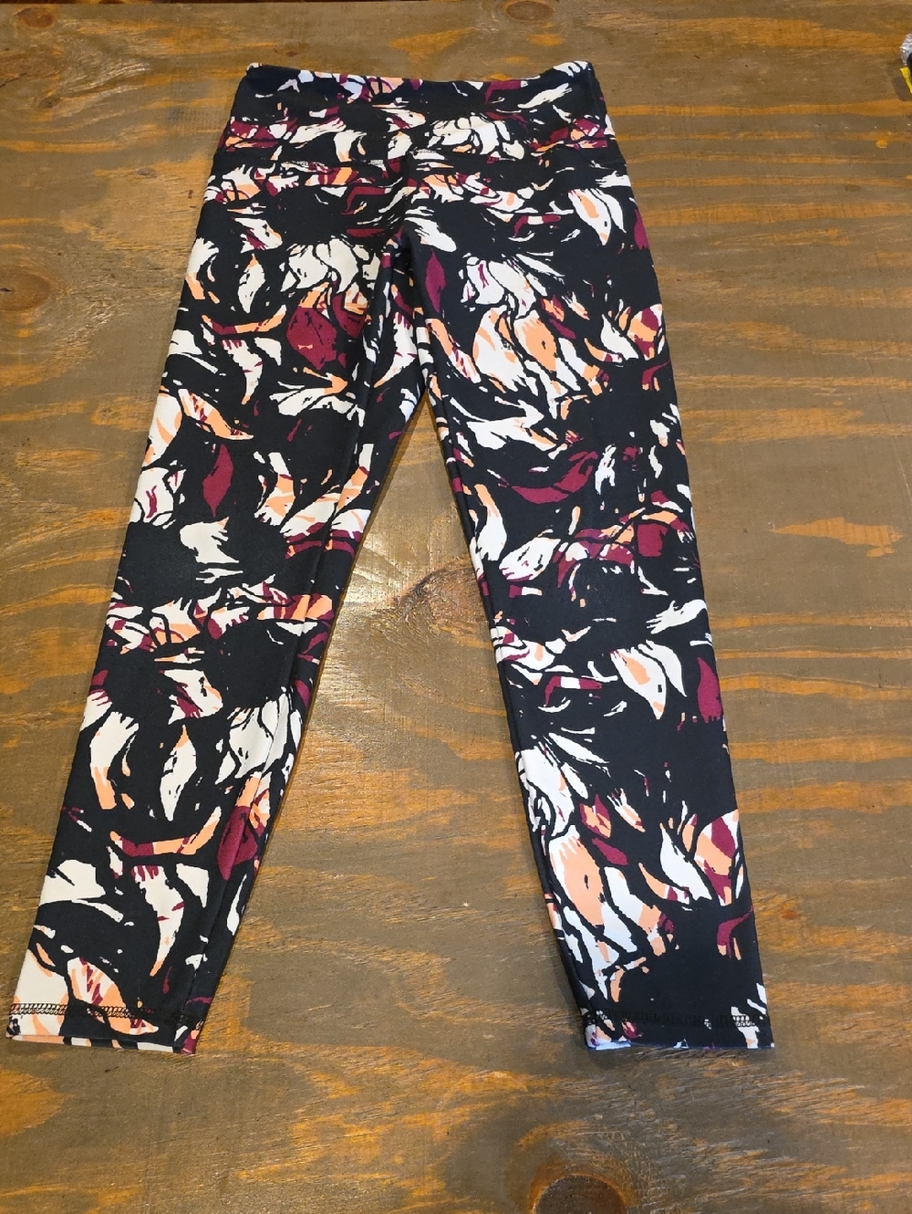 Abstract Floral Print Leggings in Black, White, Burgundy & Peach